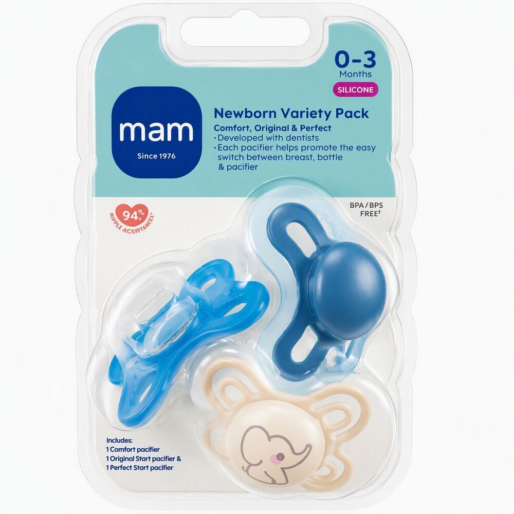 MAM Newborn Variety Pack Pacifiers 0-3 Months Blue Elephant Silicone BPA Free 3